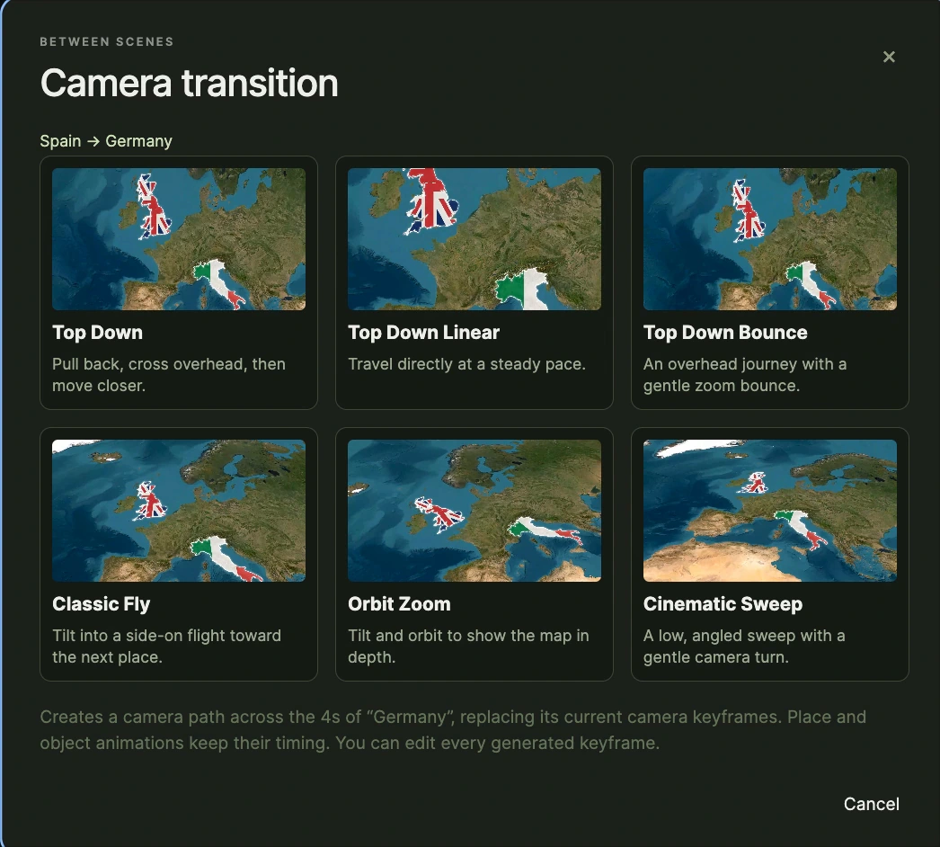 AnimationMap camera transition picker with six animated camera preset previews.