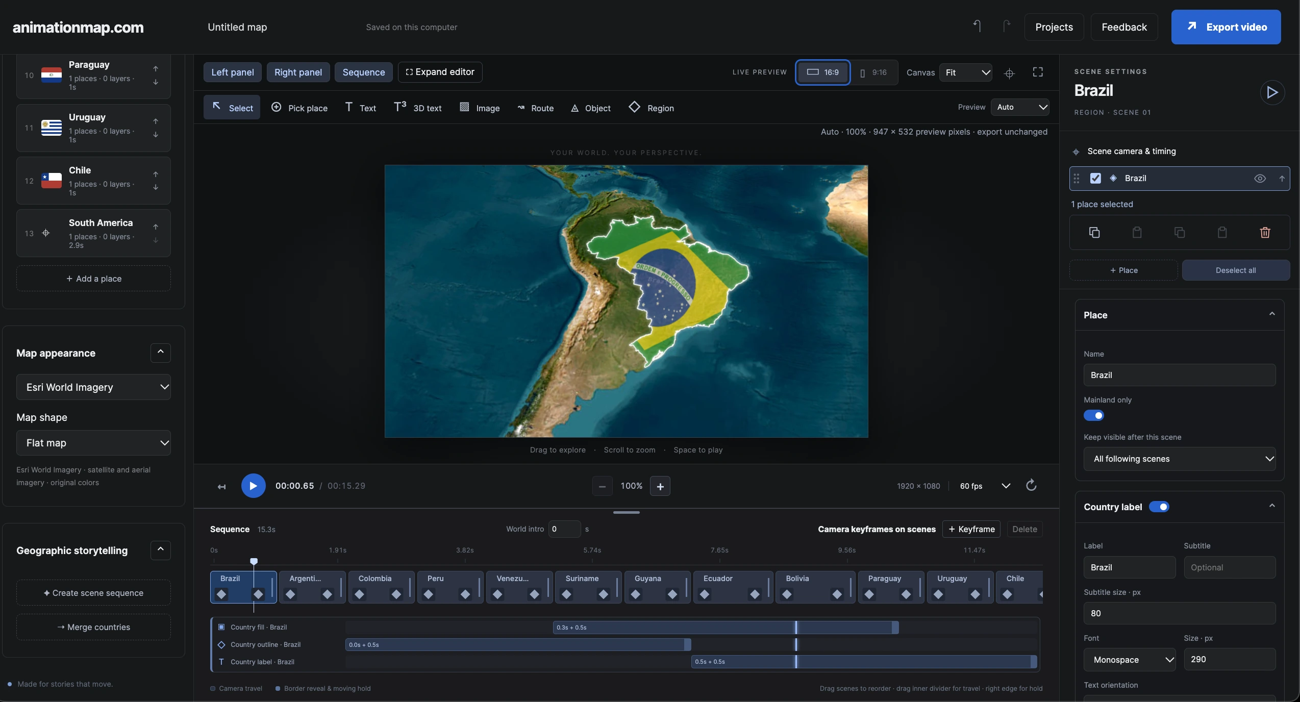 AnimationMap editor with Brazil filled with its flag, a sequence of South American countries, scene settings, and animation timing tracks.