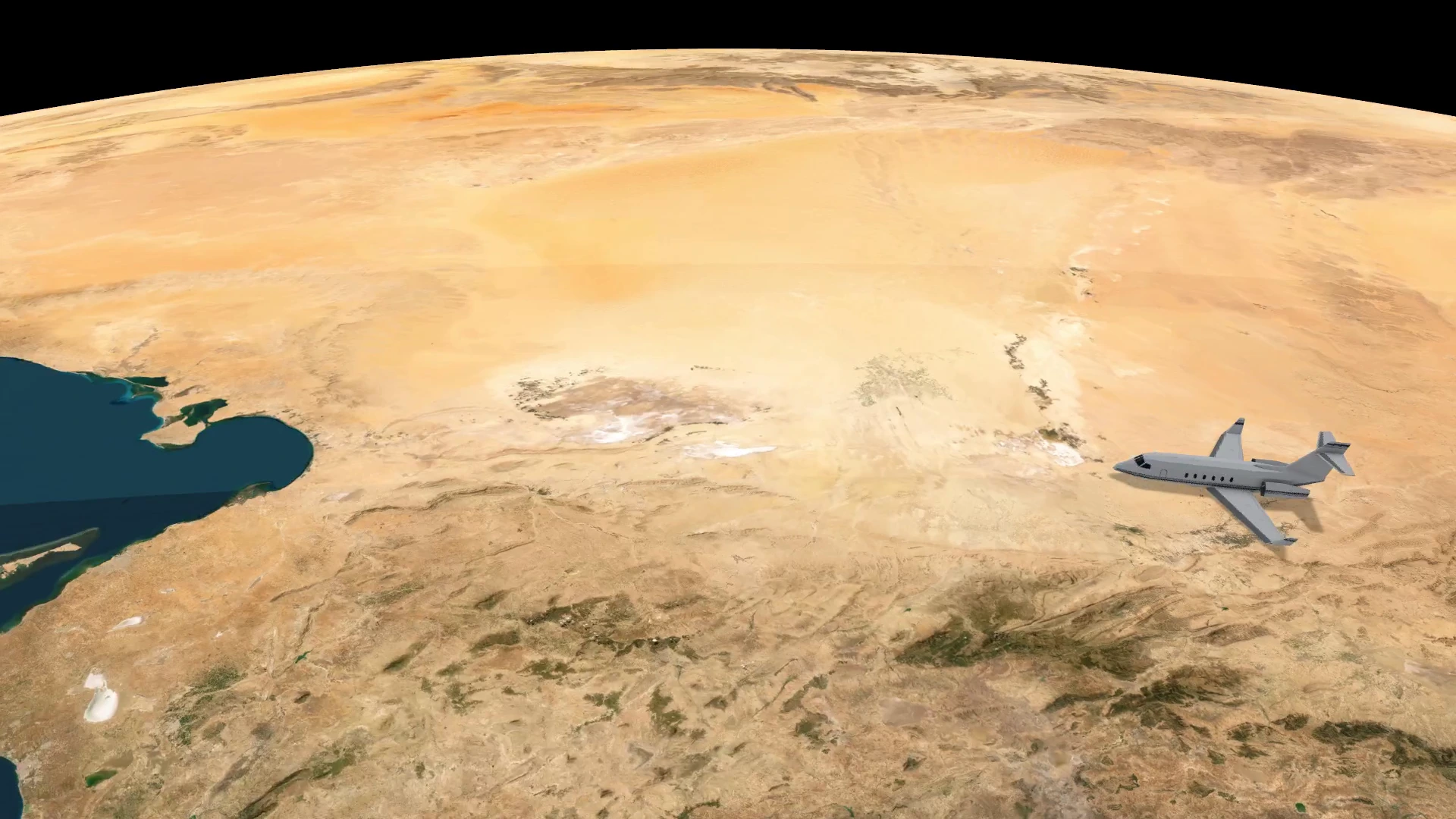 A three-dimensional airplane flies over desert terrain on a curved satellite globe.