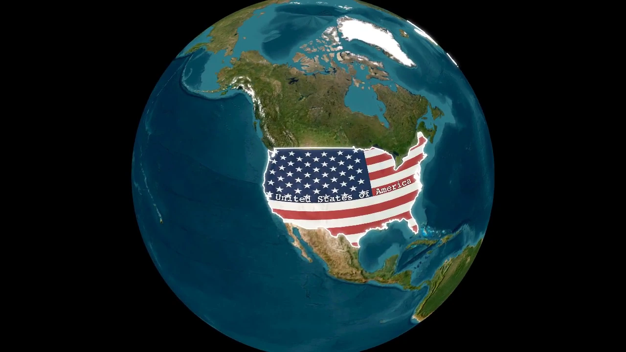 A satellite globe centered on North America with the United States filled with its flag and labeled.