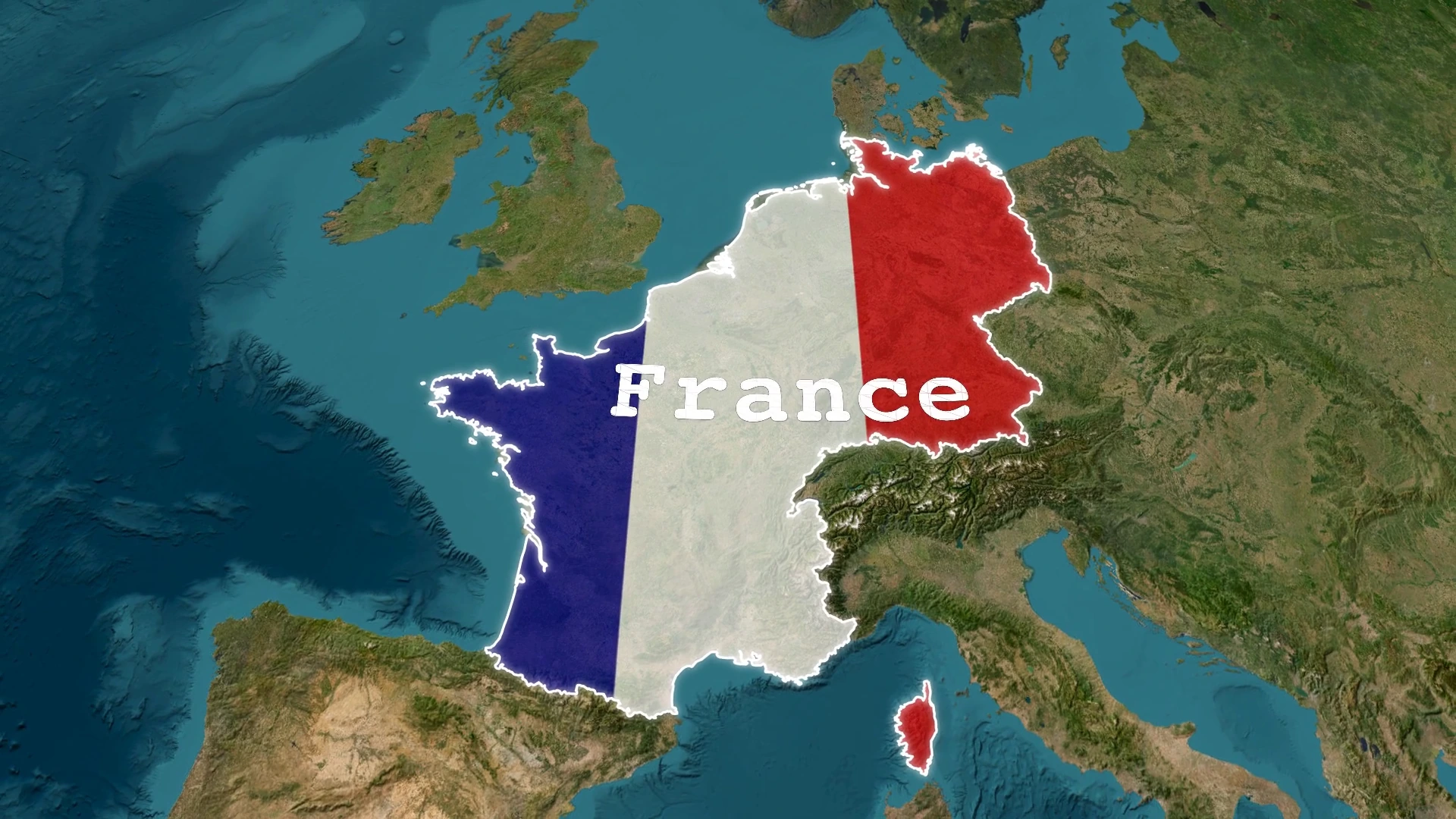 A combined country shape filled with the French tricolor and labeled France.