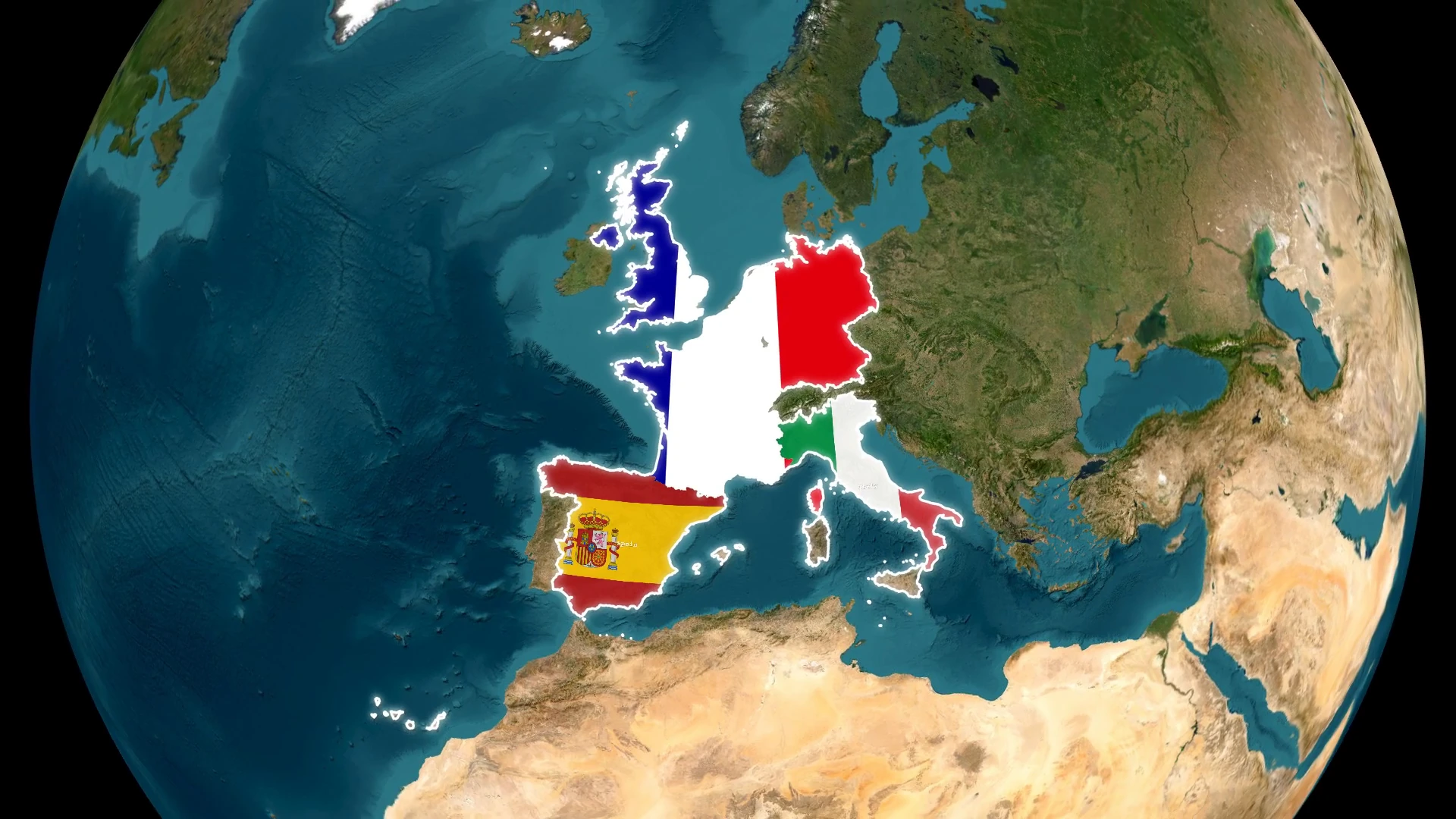 European country shapes with flag fills during a sequence merging multiple countries.