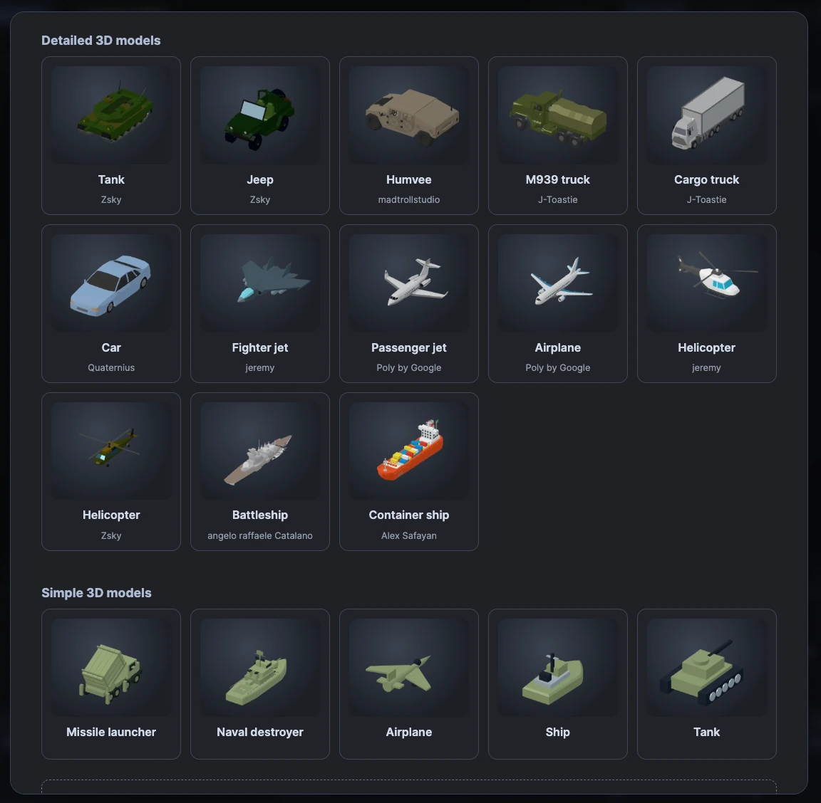 The AnimationMap 3D model picker with planes, helicopters, cars, trucks, and ships.