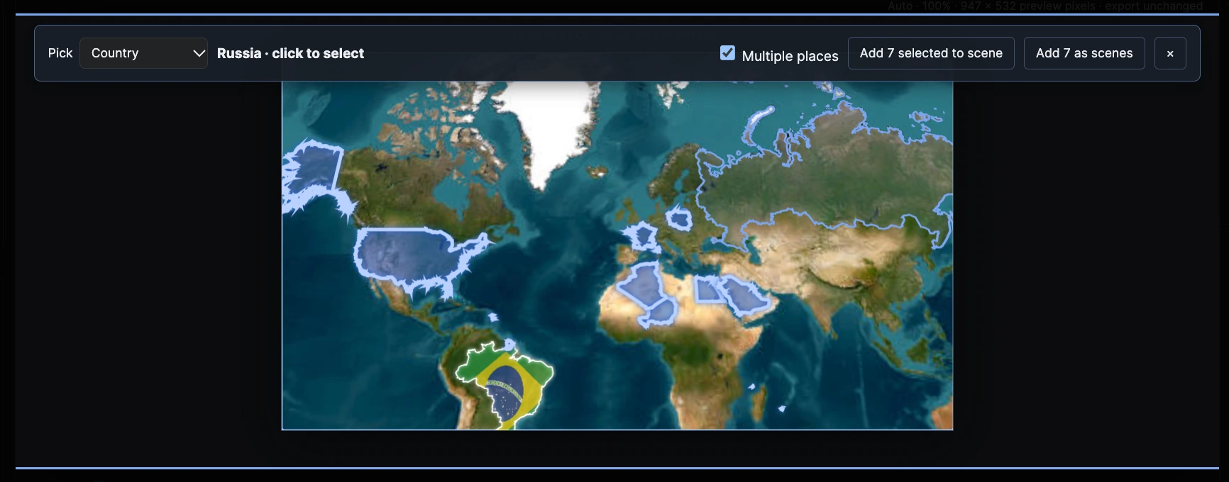 Multiple countries selected with blue outlines on the map, with controls to add seven places to one scene or create seven scenes.