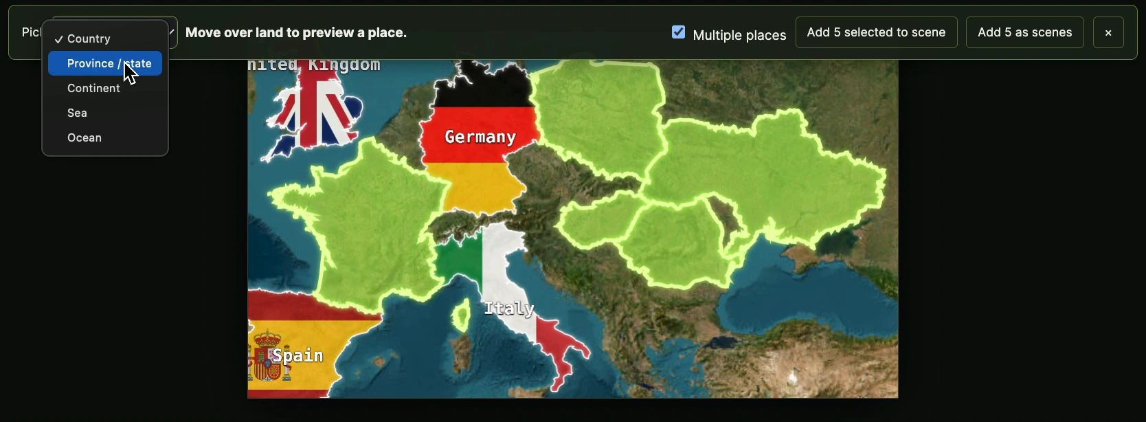 AnimationMap place picker with province and state selection on a satellite map of Europe.