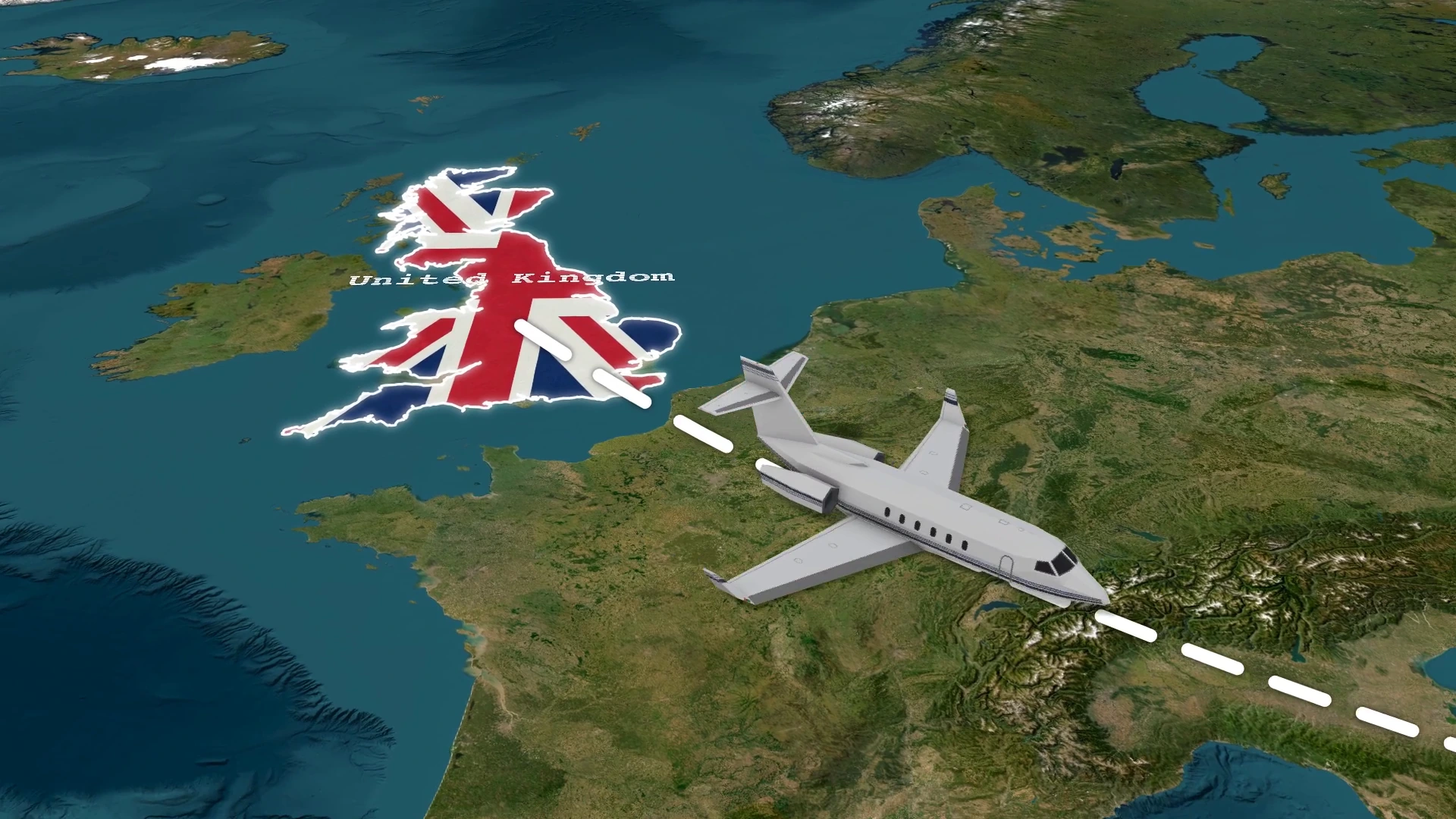 A three-dimensional airplane follows a dashed route from a flag-filled United Kingdom.