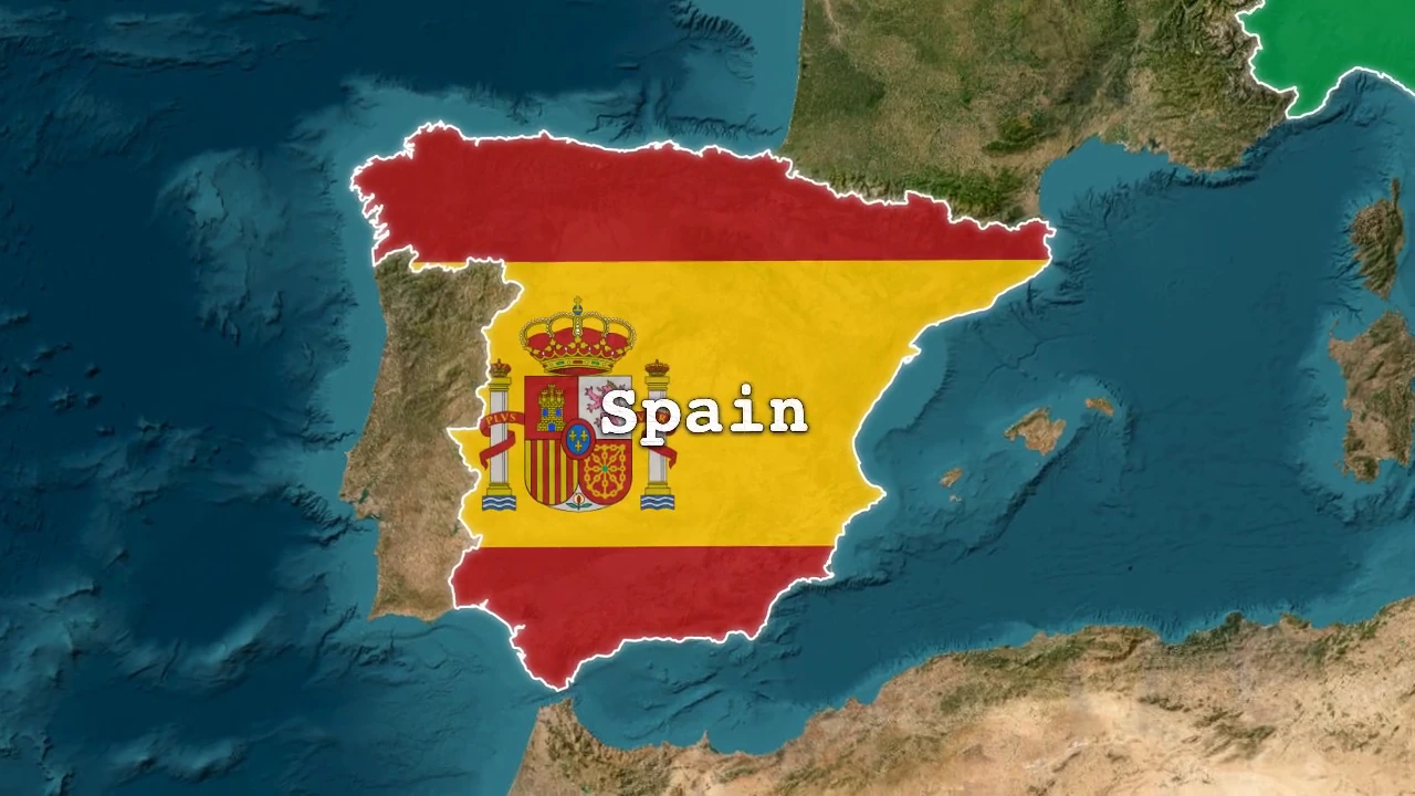 Spain filled with its national flag and labeled on a satellite map of Europe.
