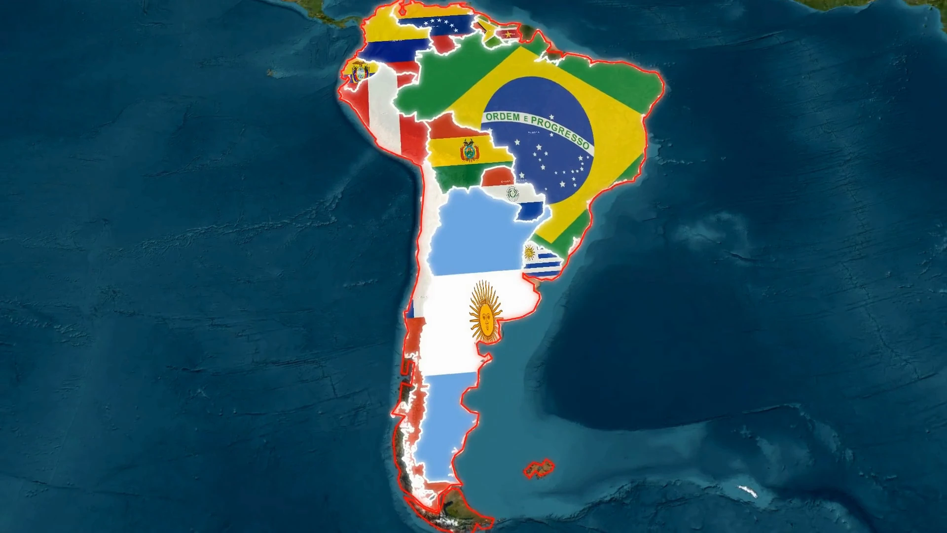 South American countries filled with their national flags on a satellite map.