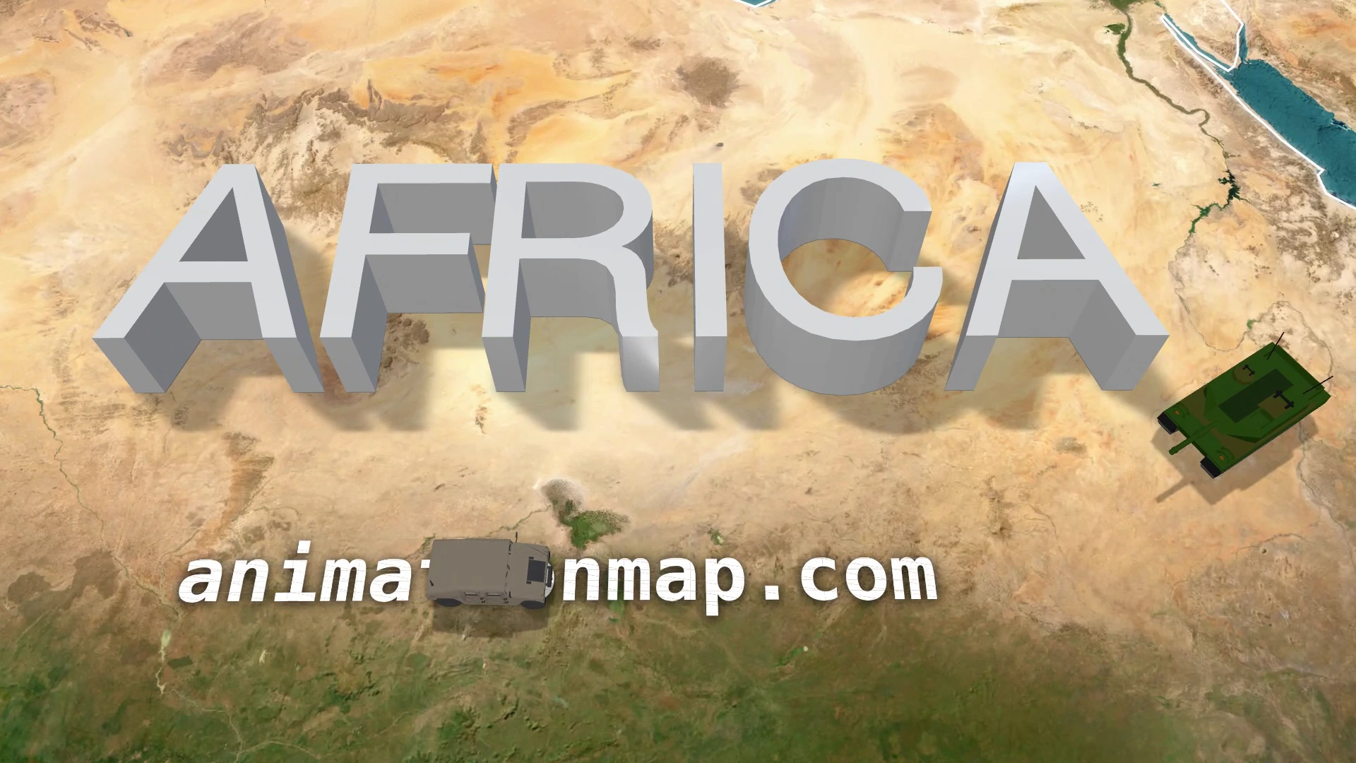 Extruded three-dimensional AFRICA text casts shadows on a satellite map.